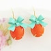 Tangerine Orange Turquoise Bow Earrings -Vintage Tangerine Orange Jewel and Turquoise Bow Dangle Earrings - Preppy, Wedding, Bridesmaid