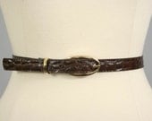 Vintage Skinny Brown Vegan Faux Alligator Leather Belt (27 - 31 inches)