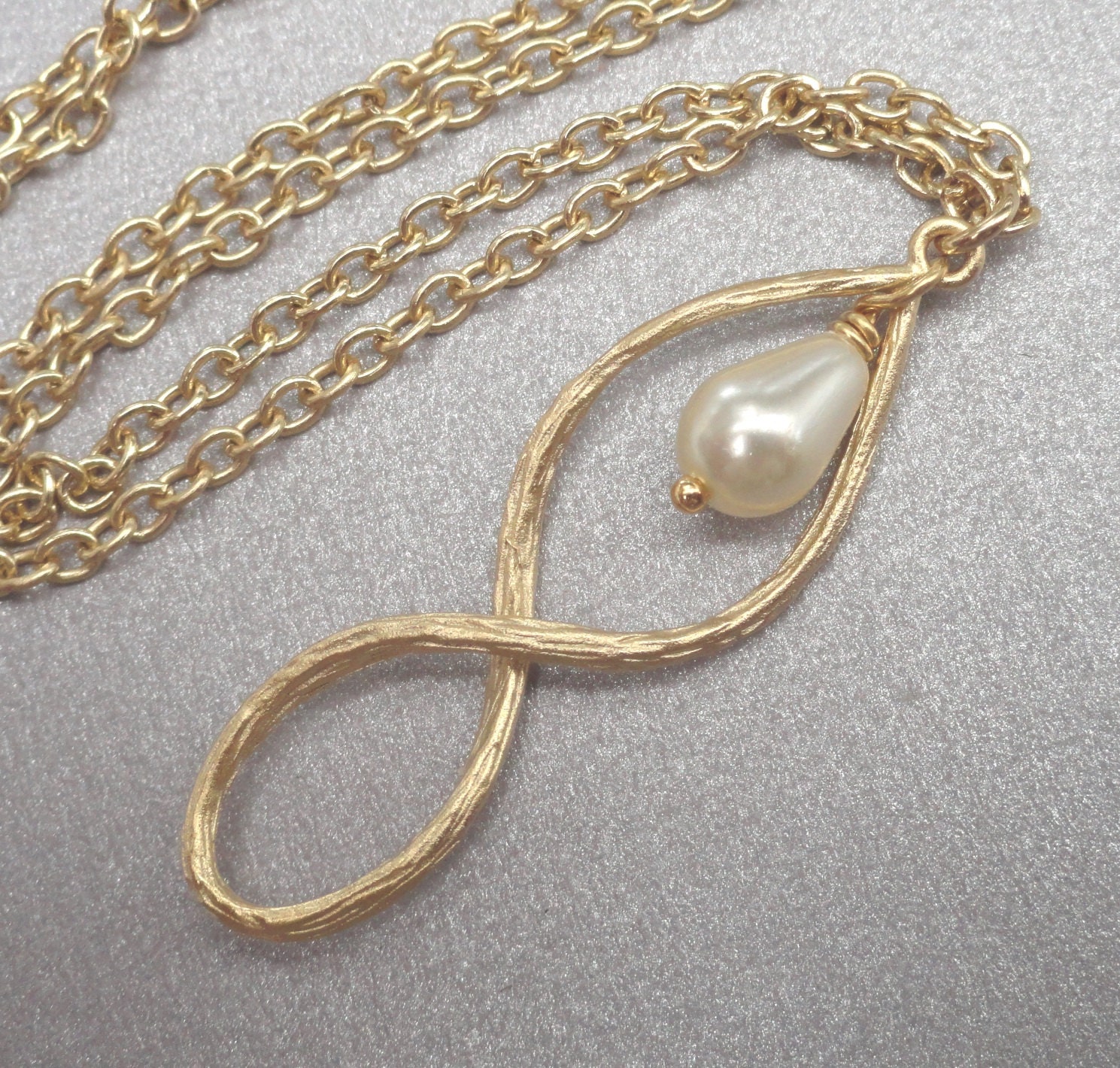 Gold Infinity Pendant Necklace Wire Wrapped White Teardrop Pearl. Ideal Gift Best Friend Necklace