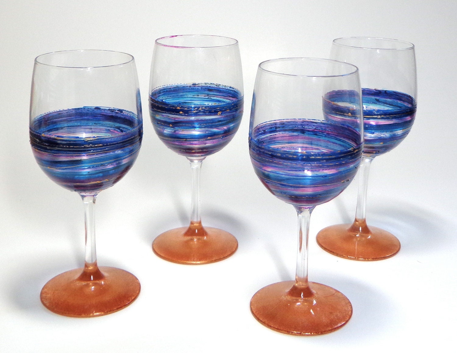 Hand Painted Wine Glasses- Purple, Blue and Copper Swirl- Set of 4 In Stock