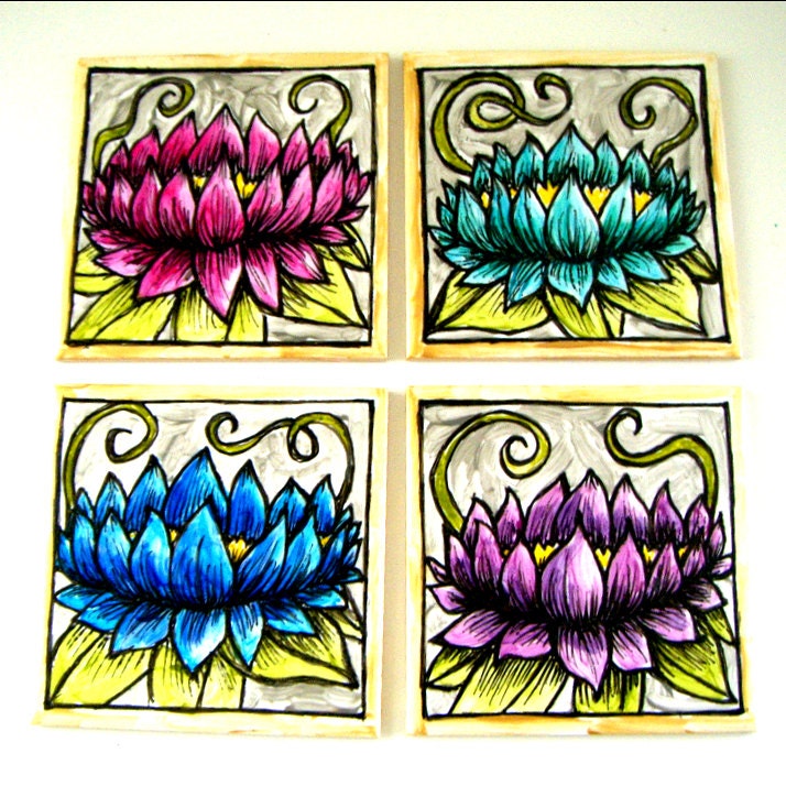 Ceramic Coasters Art Tiles Hand Painted Lotus Flowers Eco Friendly Asian Gold Silver Pink Blue Emerald Green Purple - READY TO SHIP