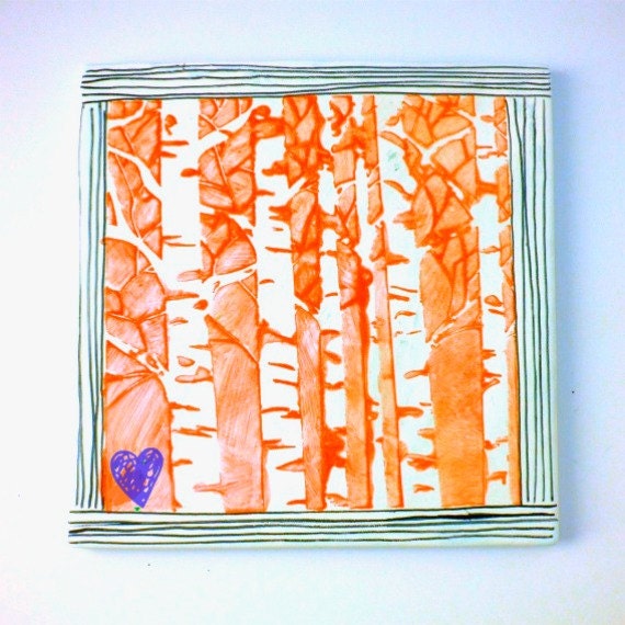 Birch Trees Ceramic Tile Orange White Woodland Home Decor Forest Woods Heart Hand Painted Wall Hanging