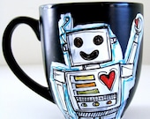 Robot Mug Black Ceramic Hand Painted Geekery Red Hearts Turquoise Black and White - MADE TO ORDER