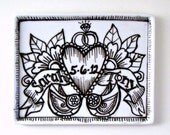 Love Birds Tray Ceramic Folk Art Painted Black and White Hearts Flowers Leaves Wedding Personalize Home Decor Modern small Platter