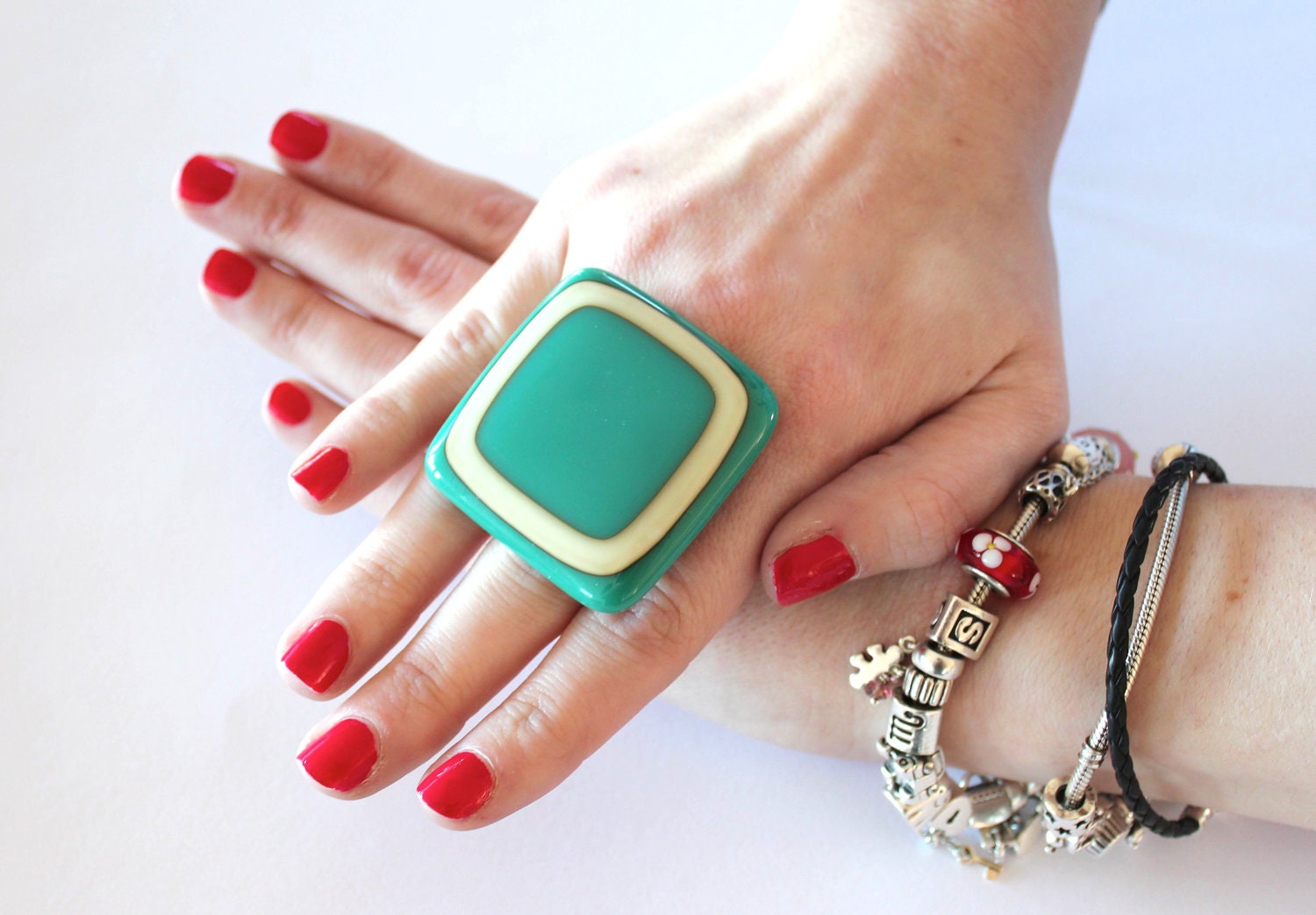 Glass Ring Handmade - big bold statement cocktail ring -  TANTALISING  TEAL - 1.8 inch