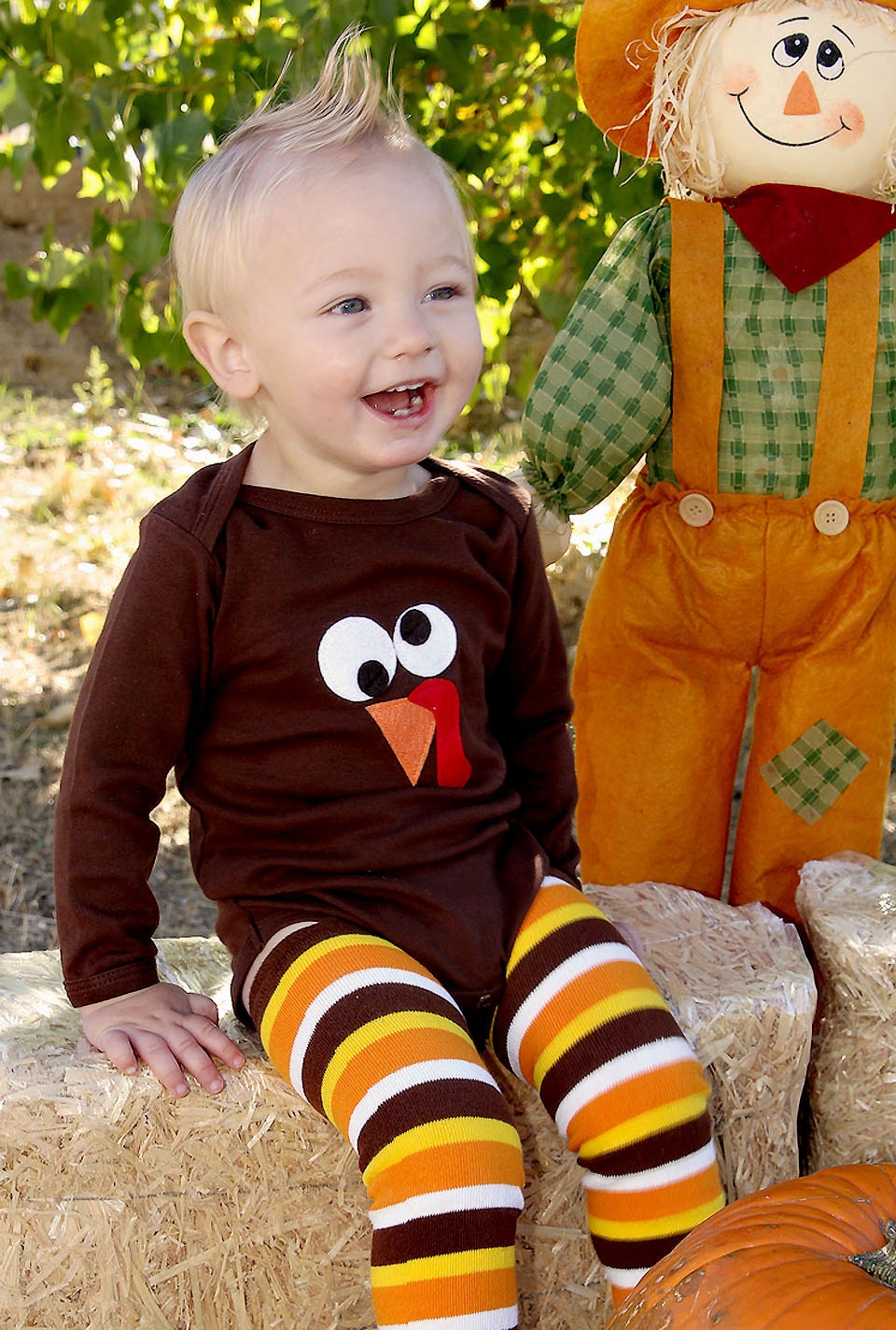 Fall, Thanksgiving Turkey Onesie and Leg Covers - 2 Sided Feathers on Back - Children, Clothing, Holiday Wear nb-3, 3-6, 6-12 & 12-18 months