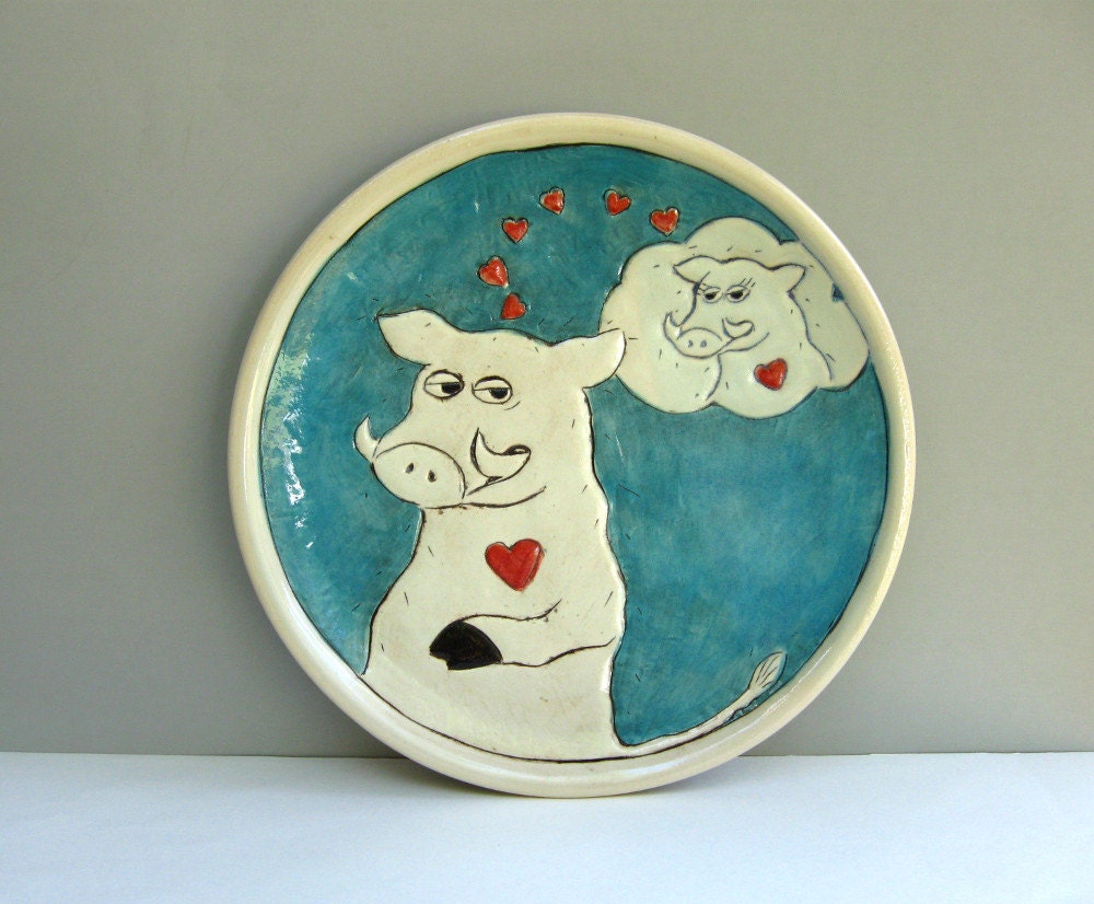 Animal Plate, Blue, With Wild Hog Dreaming of Lady Pig, Dinner Or Serving Dish