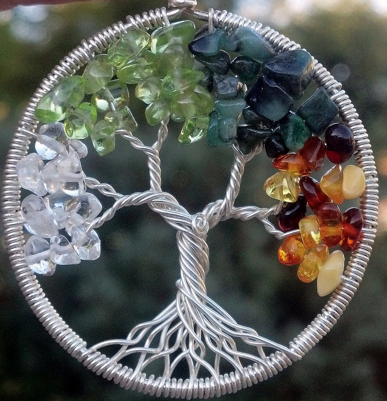 Ready To Ship - Four Seasons Tree of Life Pendant - Recycled Sterling Silver, Quartz, Peridot, Emerald, Amber - Original Design by Ethora - ethora