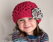 Child Valentine Hat - Wool Beret - Girl Winter Hat - Fall Hat - Pink and Black - Pink Flambe Teatime Beret with Flower Clip