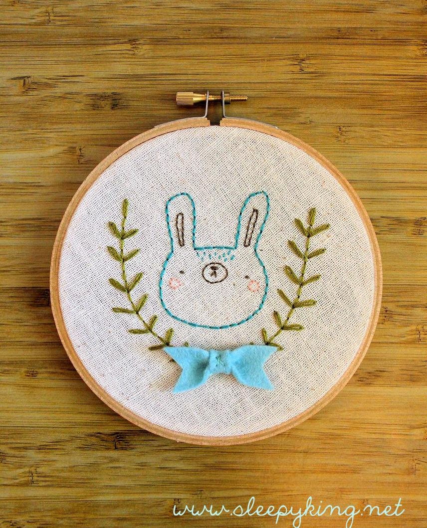 Shy little bunny - Hand Embroidered Wall Art - Back by Popular Demand - Made to Order