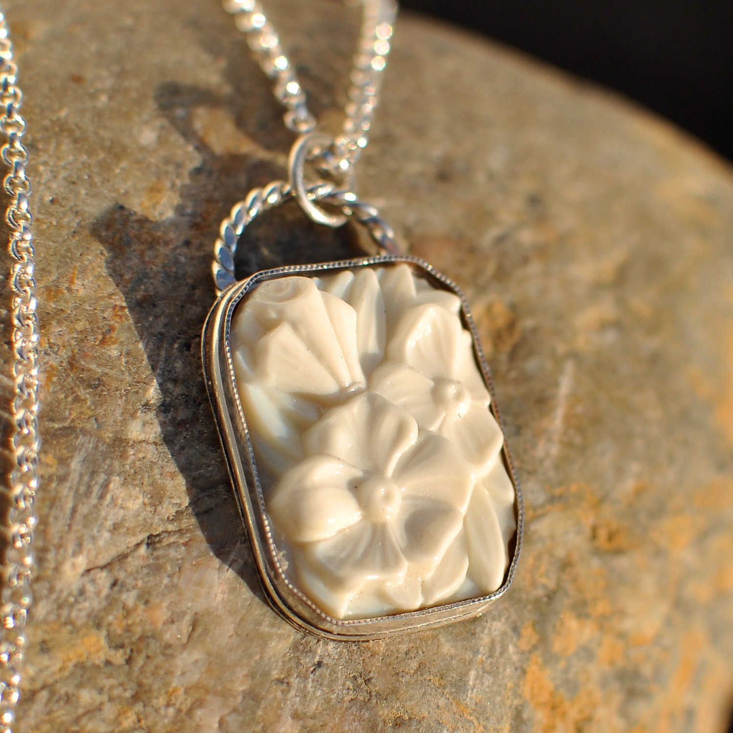 Alabaster Cream Antique Czech Glass Rectangular Pendant