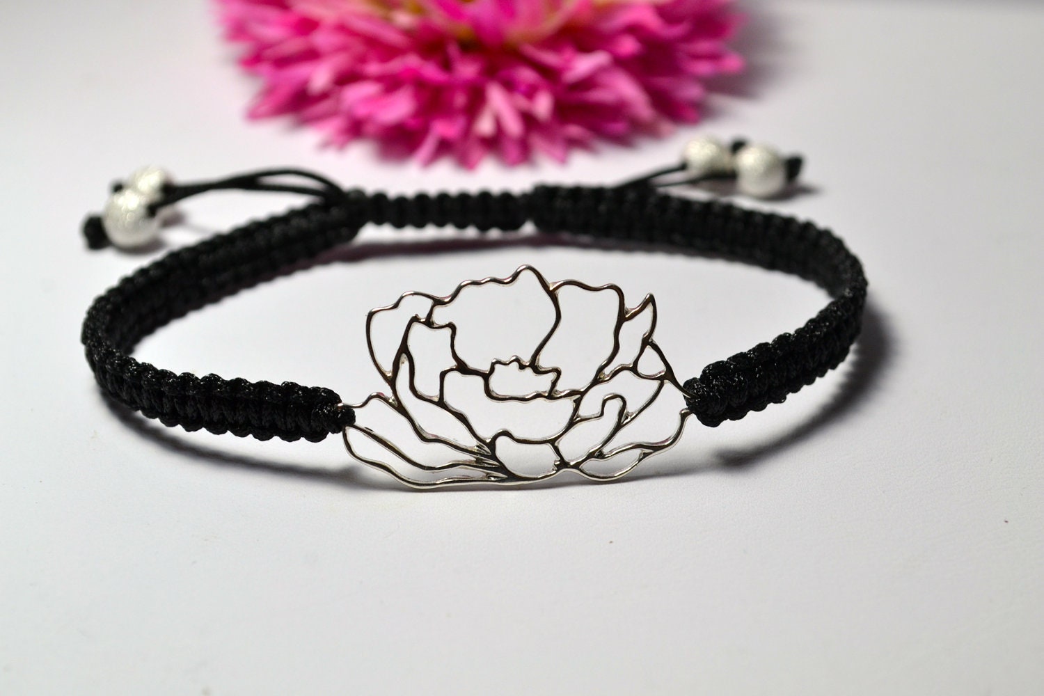 Sterling silver Peony Flower Adjustable Nylon Bracelet