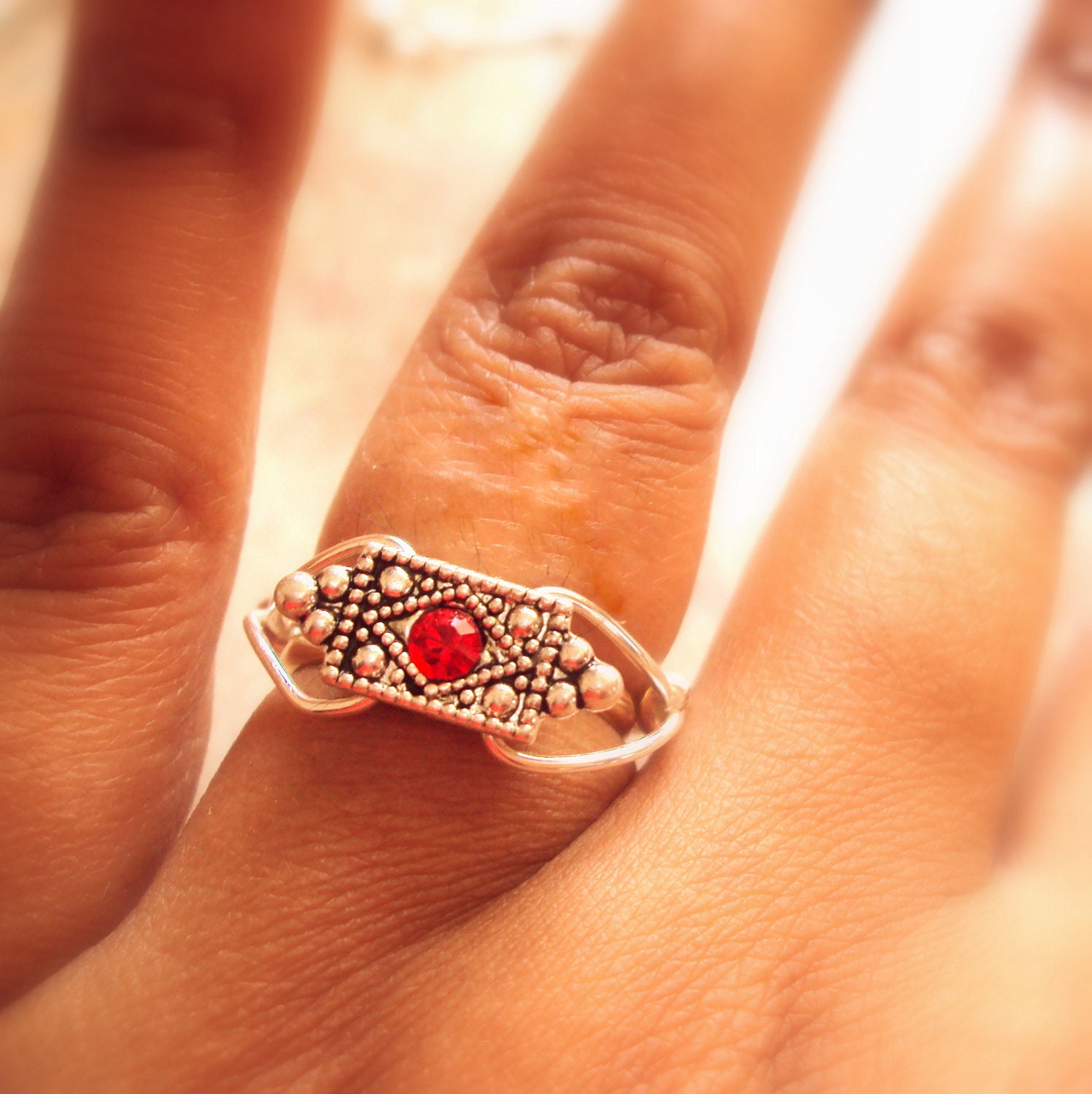 Tiny Red Rhinestone Filigree Ring Select Your Size Silver Jewelry  Handmade Jewelry on Etsy