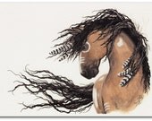 Mustang Curly Horses - Native American Feathers Buckskin Pinto Art -  8.5 x 11 Print by AmyLyn Bihrle