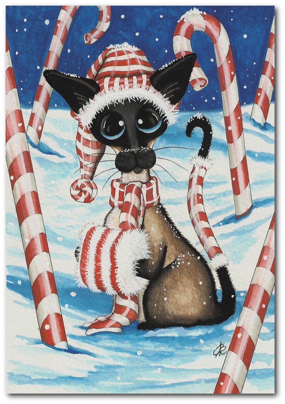 Siamese Cat Candy Cane Kitty Holiday Pet ArT - 8.5 x 11 Print by AmyLyn Bihrle