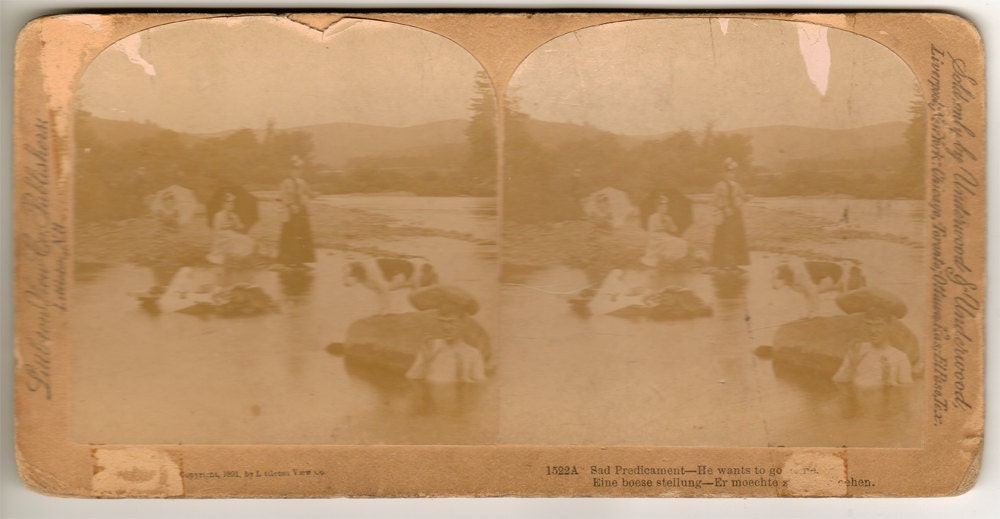 Naughty Victorian Humor - Antique Stereoscope Card - 1891 - Sad Predicament - Underwood - Stereoview