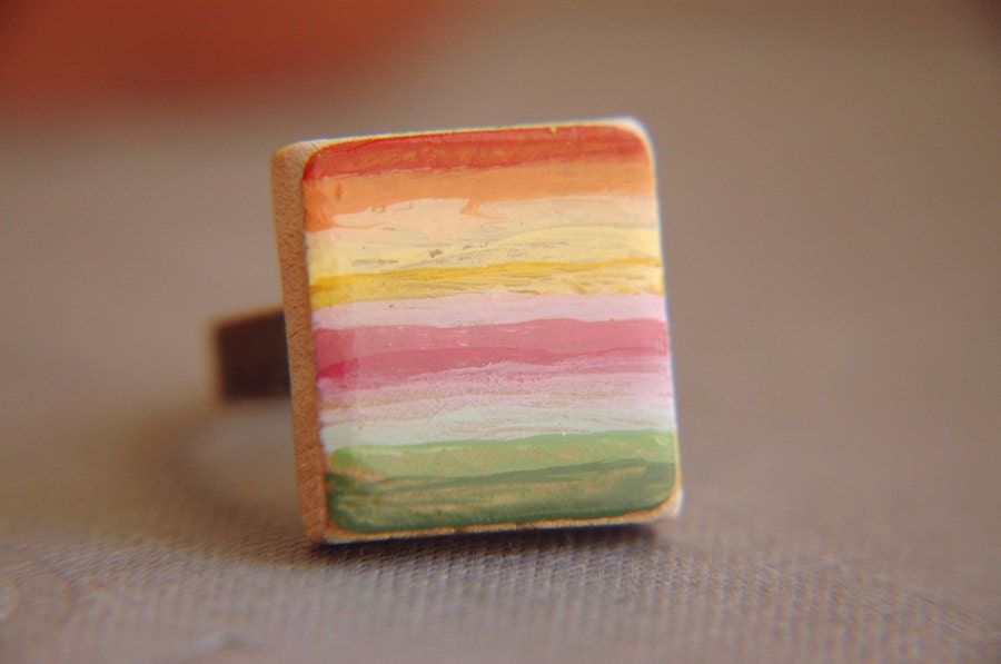 Colorful Stripe Hand Painted Adjustable Scrabble Tile Ring - Textile No. 1