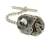 Steampunk Vintage Watch n Black Diamond Crystal Tie Tack Pin Chain Clip