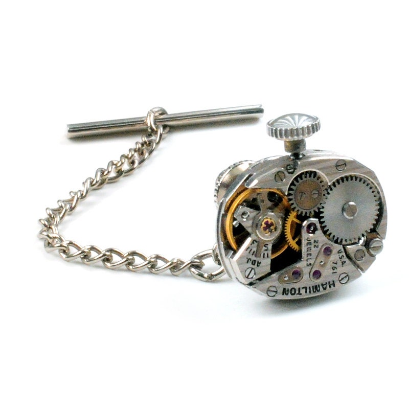 Steampunk Antique 1950's Hamilton Watch Tie Tack Pin Chain Clip