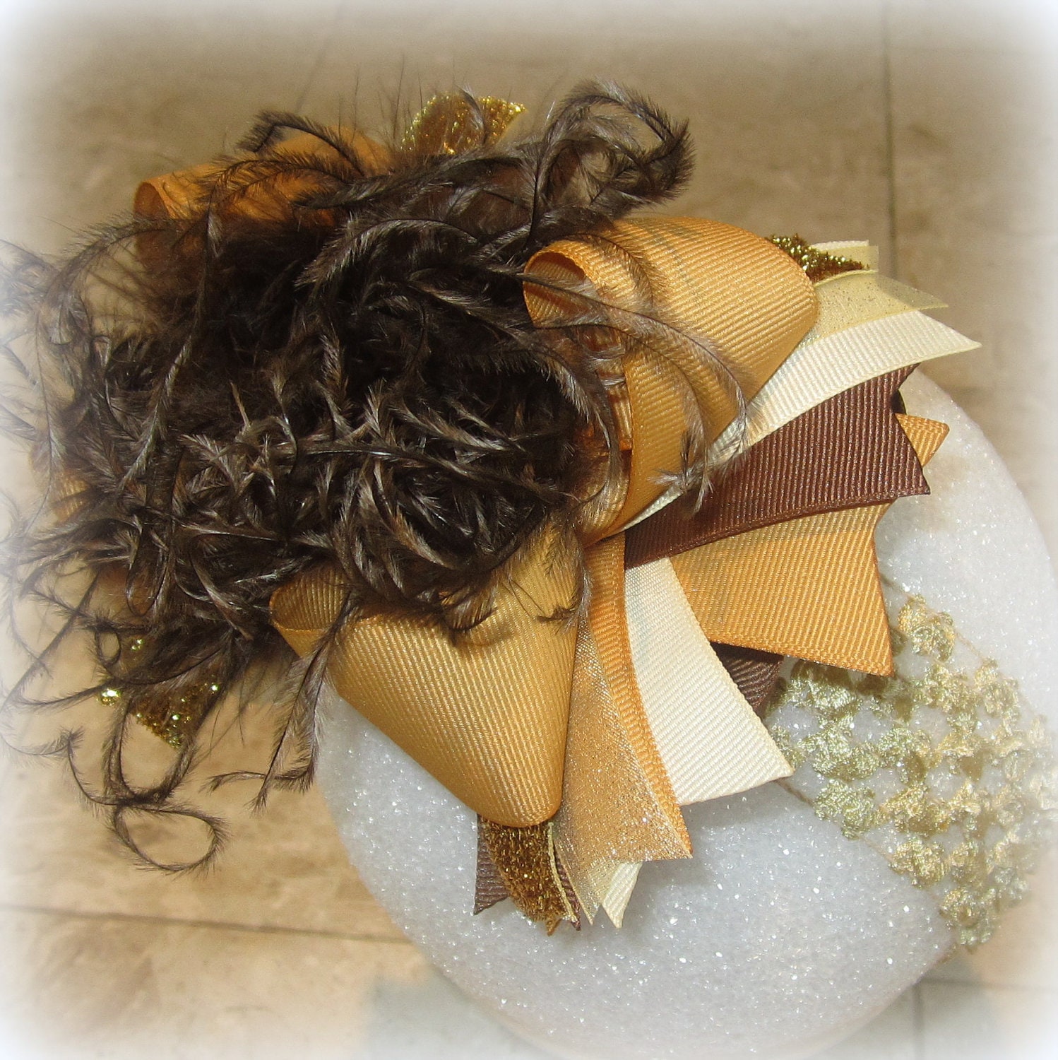 Gold Sparkle Over the Top Ostrich Feather Hair Bow Boutique Pageant Party Hairbow GOLDEN Brown Large Big Feathers Matching Headband Included