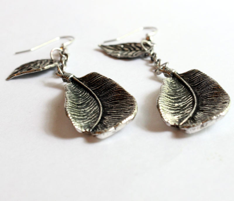 Long Feather Earrings Leaf and Metal Feather Dangle Charms Long Handmade Earrings Boho Chic Jewelry