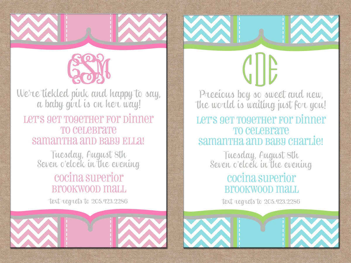 12 Personalized Printed Chevron Boy or Girl Baby Shower Wedding Bridal Monogram Announcements Invitations with envelopes