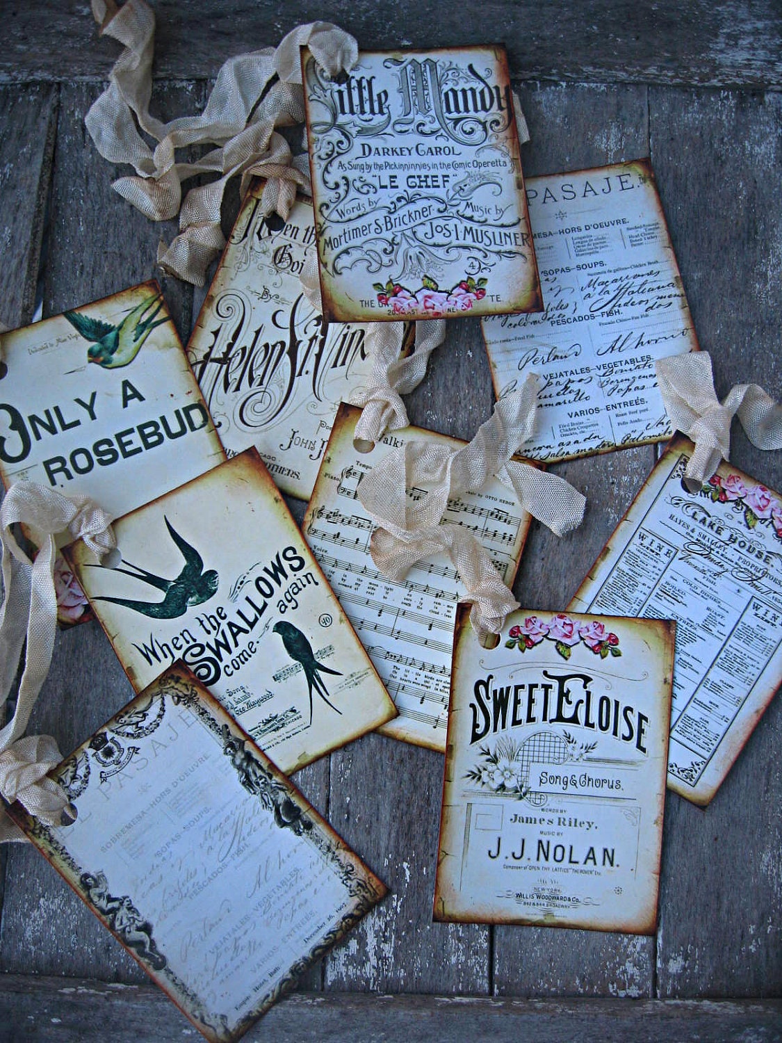 Vintage sheet music tags, nostalgic and beautiful, muted sepia tones, set of 9