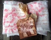 Stamped french script ribbon, pink toile, all cotton with raw edges
