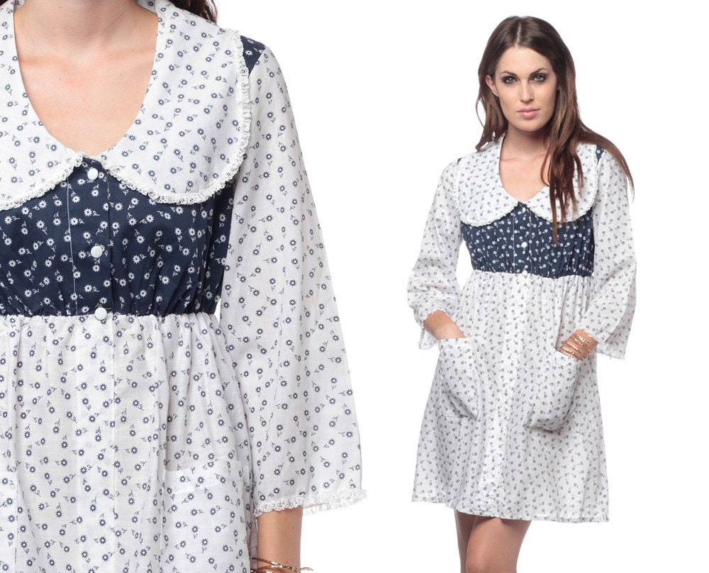 Peter Pan Collar 60s Mini Dress Babydolly Calico Floral White Navy Cotton Dolly Empire Waist Pockets Mini Dress Small Medium