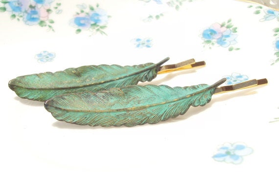 Verdigris Feather Hair Pins - Bobby Pin - Woodland Collection - Whimsical - Bridal