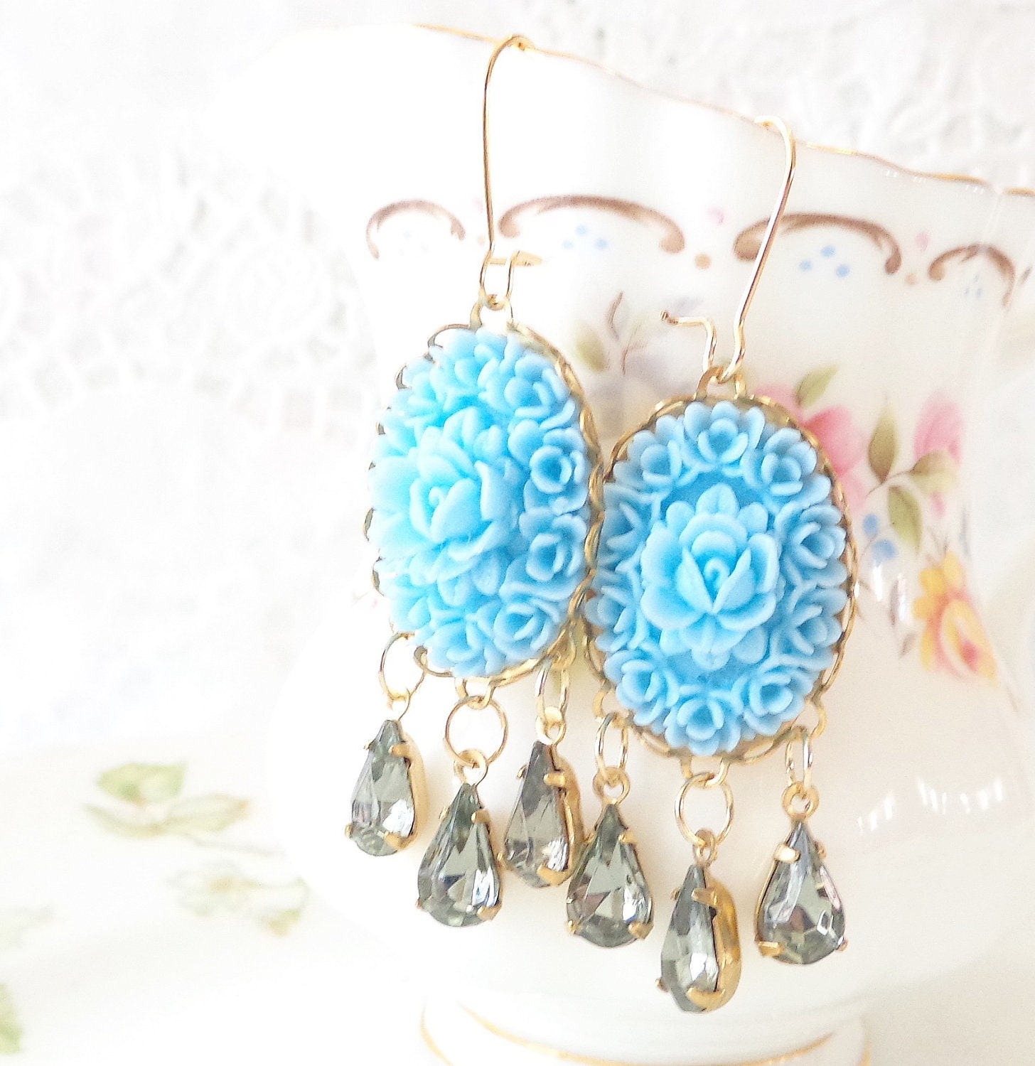 Vintage Jewel and Flower Earrings - Whimsical - Bridal - Bridesmaid
