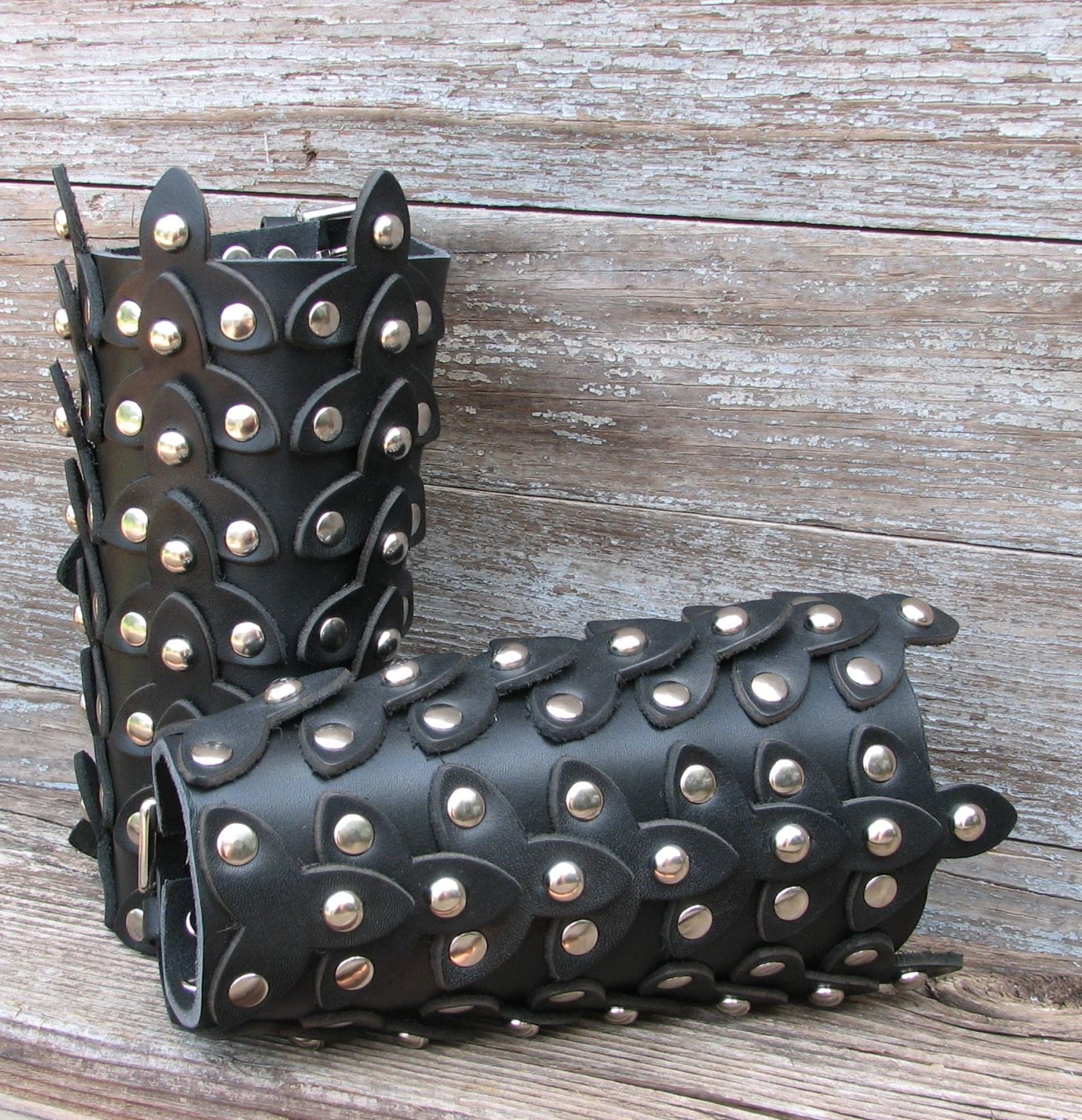 Reenactment LARP Black Scaled Leather Bracers or Gauntlets with Nickel Hardware