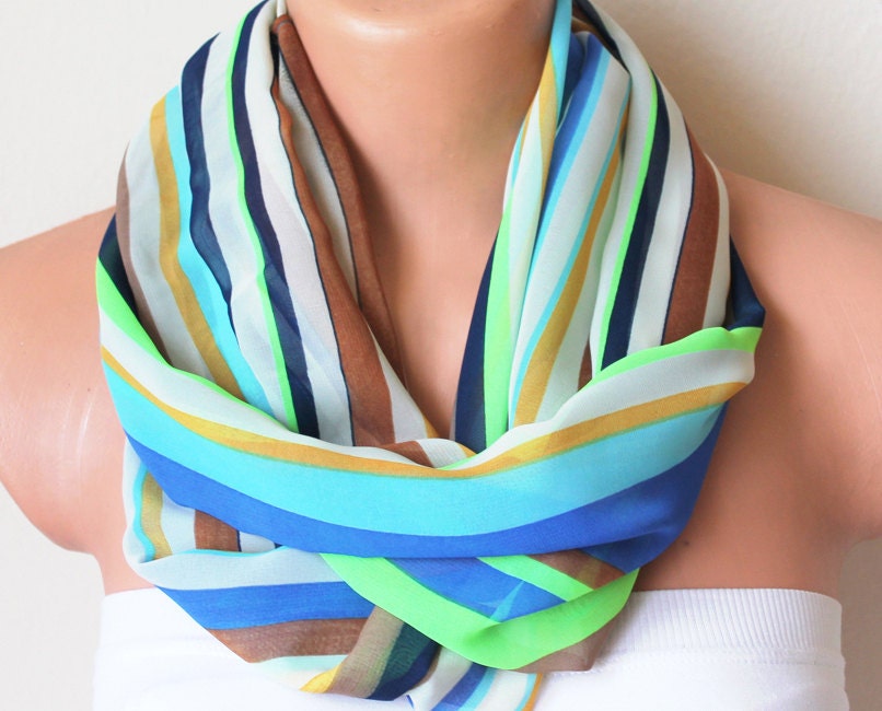 Teal Blue Striped Infinity Scarf Loop Scarf Circle Scarf Cowl Scarf Soft and Lightweight Multicolor Striped