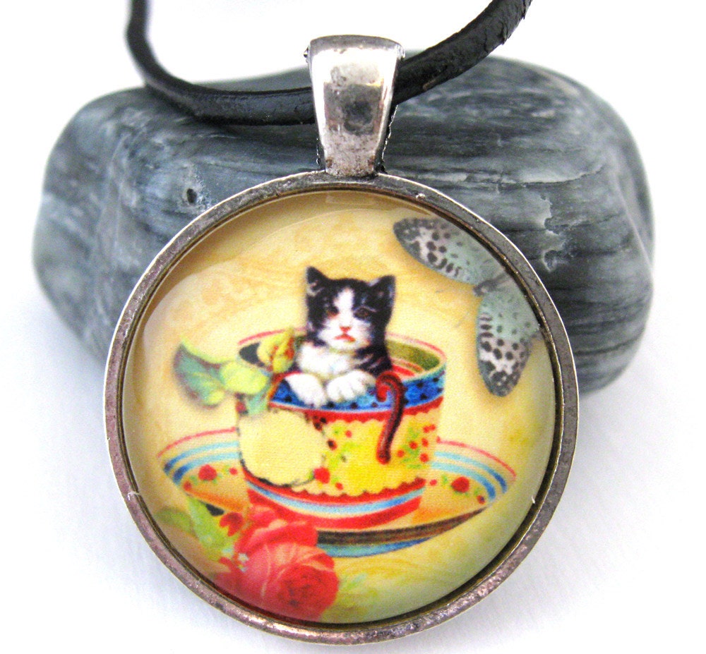 Cat in Teacup Handmade Glass Tile Pendant