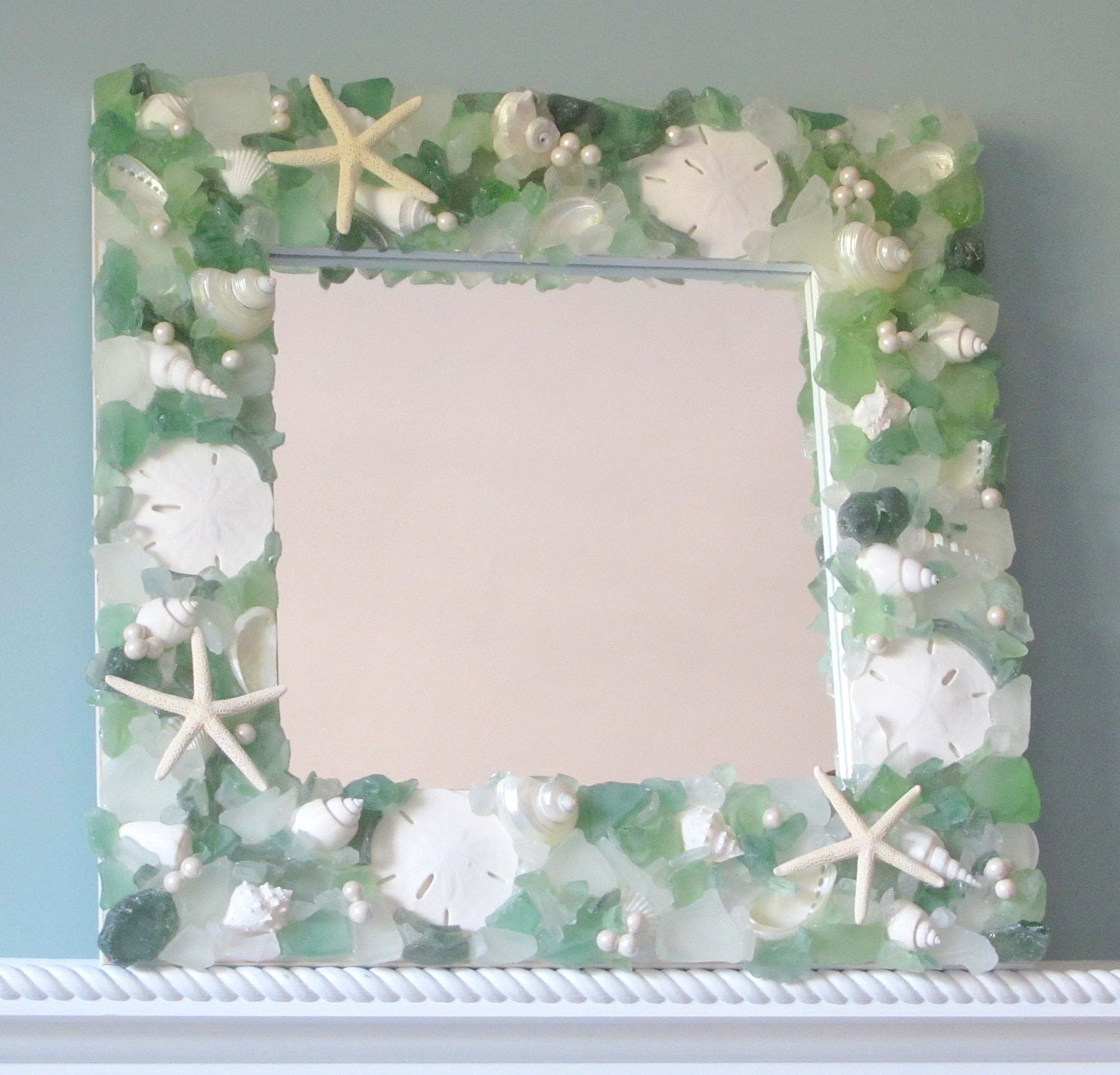 Beach Decor Seashell Mirror - Nautical Sea Glass Shell Mirror w White Starfish & Pearls - Green