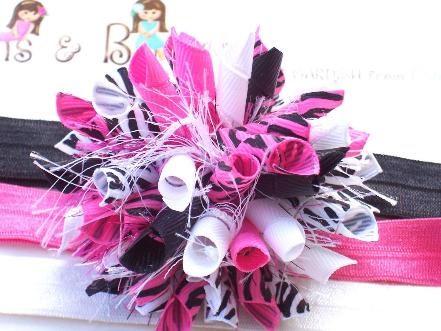 Diva Zebra Hot Pink Black White Boutique Baby Girl Korker Hair Bow Shimmery Elastic Headband - BlossomsnBows Diva Zebra Hot Pink Black White Boutique Baby Girl Korker Hair Bow Shimmery Elastic Headband - BlossomsnBows