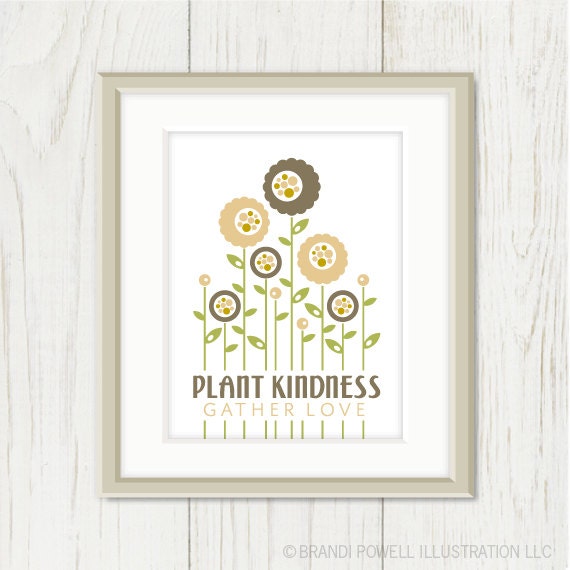 Plant Kindness: Gather Love Quote - Spring Flower Garden Poster Print - Floral, Gardening,  Neutral Tan, Taupe, Beige, Summer, Leaf 8 x 10