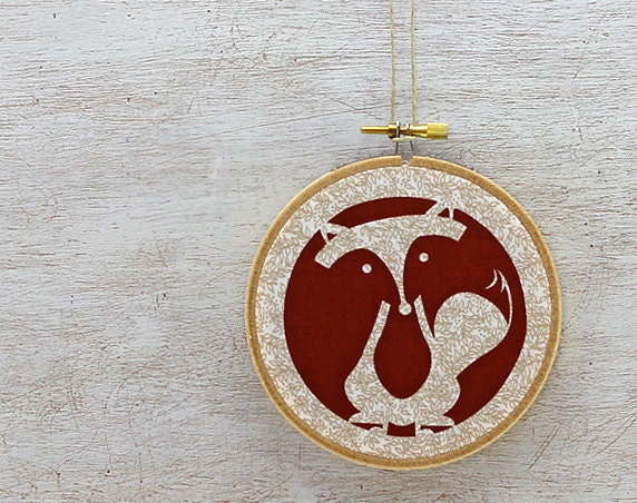 Fox Embroidery Hoop Art - Nursery Art, Fabric Wall Hanging - Autumn Rust Orange Screenprint (HFX1)