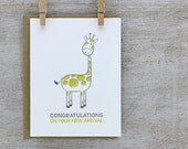 Giraffe Congratulations Letterpress Card - New Baby Folded Greeting Card - Light yellow - Grey Gray (GGR1)