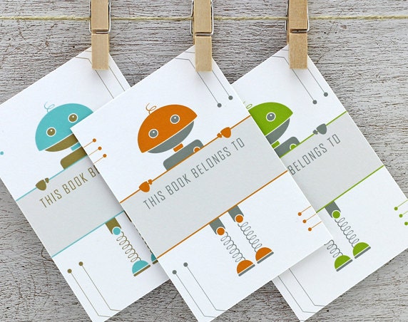 Robot Book Plate: Self Adhesive Bookplates, Bookmark - Orange, Neon Green, Aquamarine Blue, Grey (Set of 12)