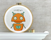 Robot Embroidery Hoop Art: Robot Nursery Art - Fabric Wall Hanging, Geekery, Orange, Teal Green, Grey, Geometric Pattern, Ready to Hang