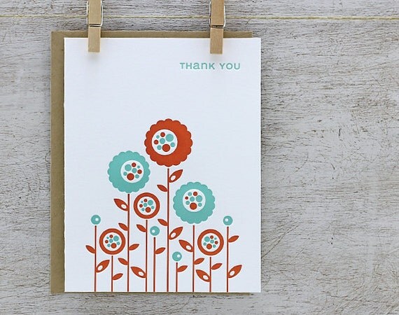 Flower Garden Letterpress Greeting Card - Thank You Note Cards - Rust Orange, Aqua Blue, Spring, Retro - 3 Pack (GTY03)
