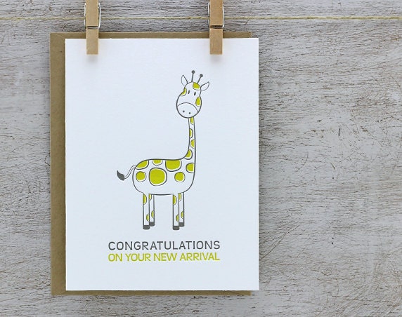 Giraffe Congratulations Letterpress Card - New Baby Folded Greeting Card - Light yellow - Grey Gray (GGR1)