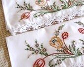 Vintage Embroidered Pillow Cases Floral Orange Green Brown New Old Stock Unused