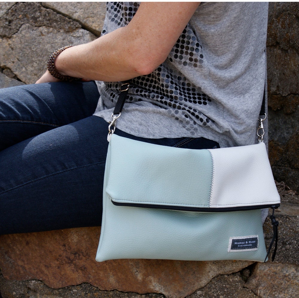 TREKKER - Faux Leather - Convertible Handbag - Foldover Clutch - Shoulder Bag - Messenger Bag -  Sea Green and White - Eco-friendly