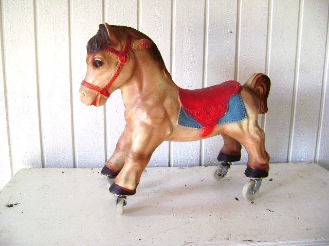 Vintage Toy Horse, Riding Toy, Child's, Giddee Up, Saddle, Wheels, Red, Blue, Brown, Cowboy Kid