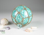 Blown Glass Holiday Tree Christmas Ornament Teal Blue Green White Speckle Glass Fishing Float Ornament