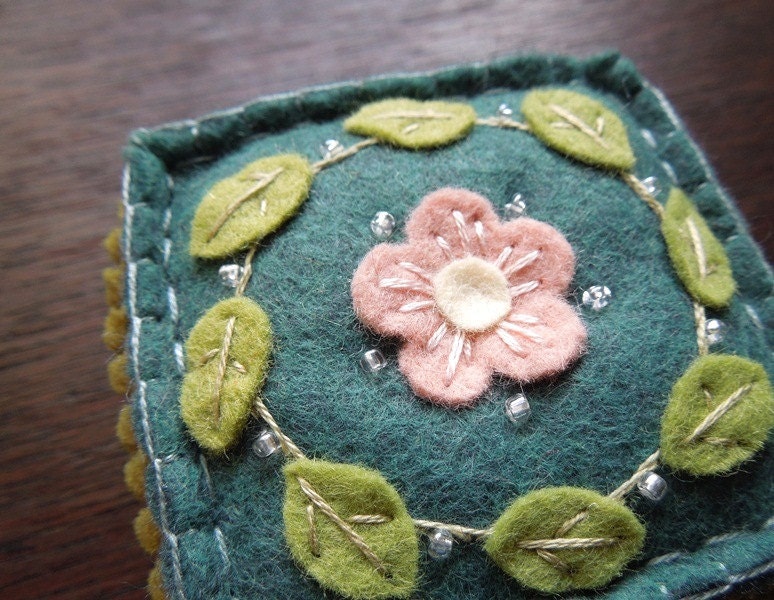 Embroidered Teal Green and Pink Wool Felt Pincushion
