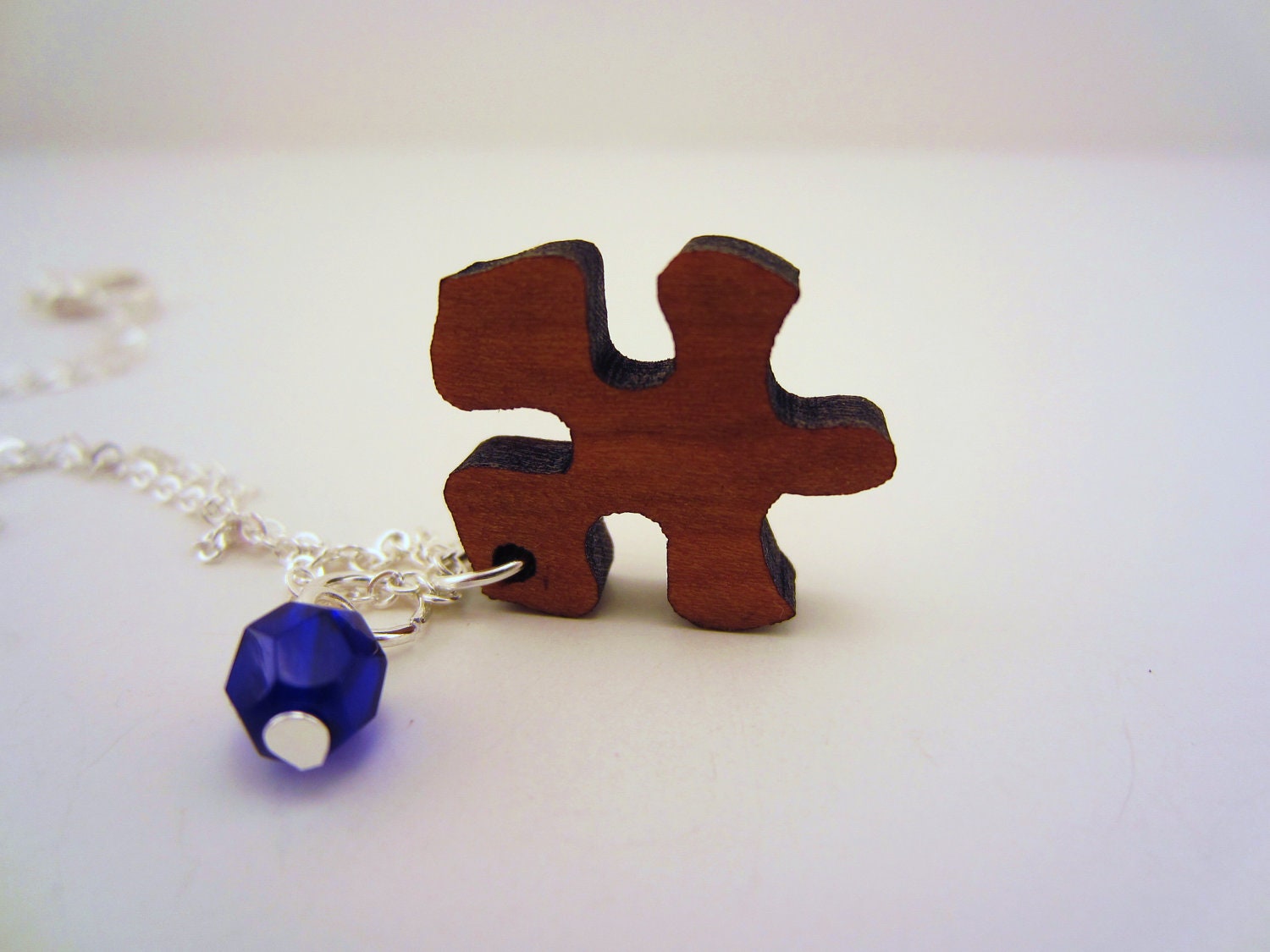 Set of two necklaces for best friends. Puzzle piece wood charm. Custom Czech glass bead. Perfect holiday gift.