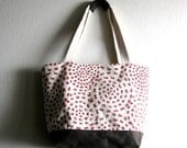 Fabric Tote Bag, purse - Leona Summer Market Bag in Gray - Vegan suede and a cream and red fabric